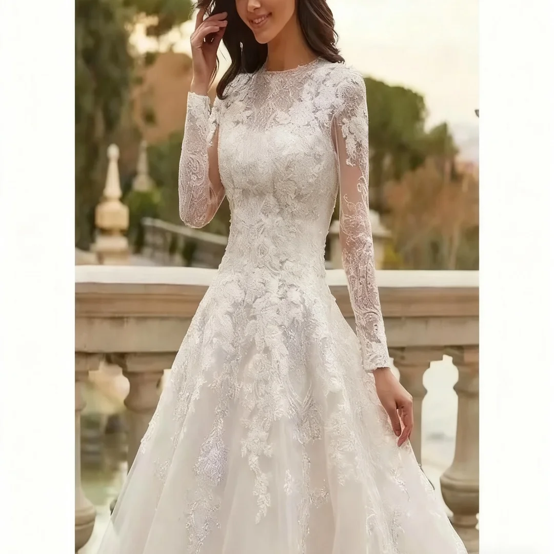 

Элегантные свадебные платья с круглым вырезом и длинными рукавами по индивидуальному заказу, кружевные аппликации, свадебное платье трапециевидной формы, вечерние платья для выпускного вечера невесты