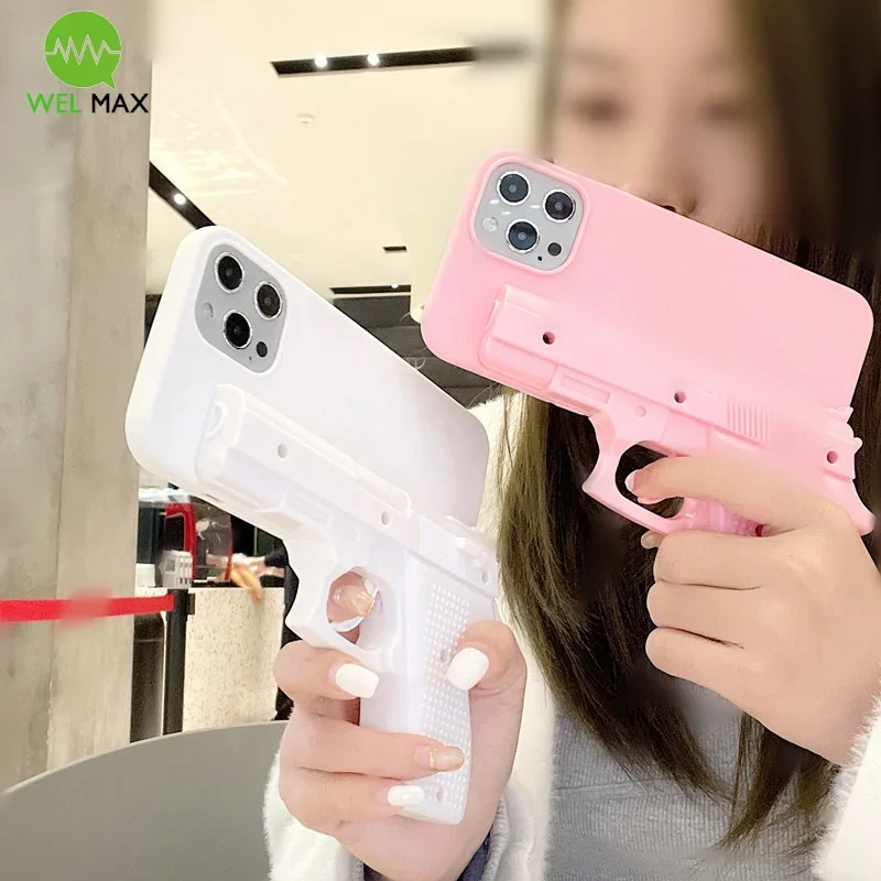 Funny Toy Pistol Decompression pink phone case For iPhone 16 15 15 14 13 12 11 Pro Max shockproof Anti-fall Protective Cover 