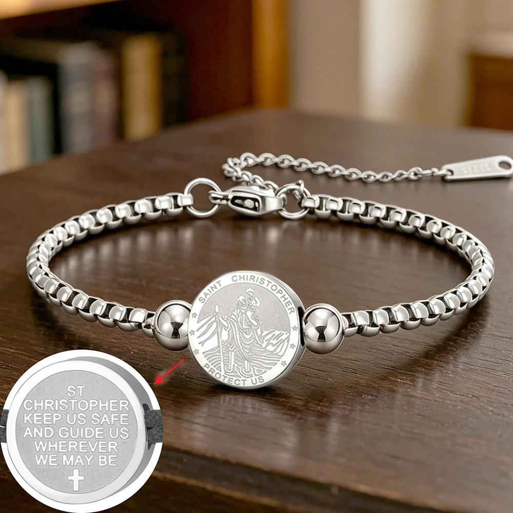 Saint Christopher Bracelet Double Sides Charm Religious Christian Protection Jewelry Catholic Gifts Stainless Steel Bracelet