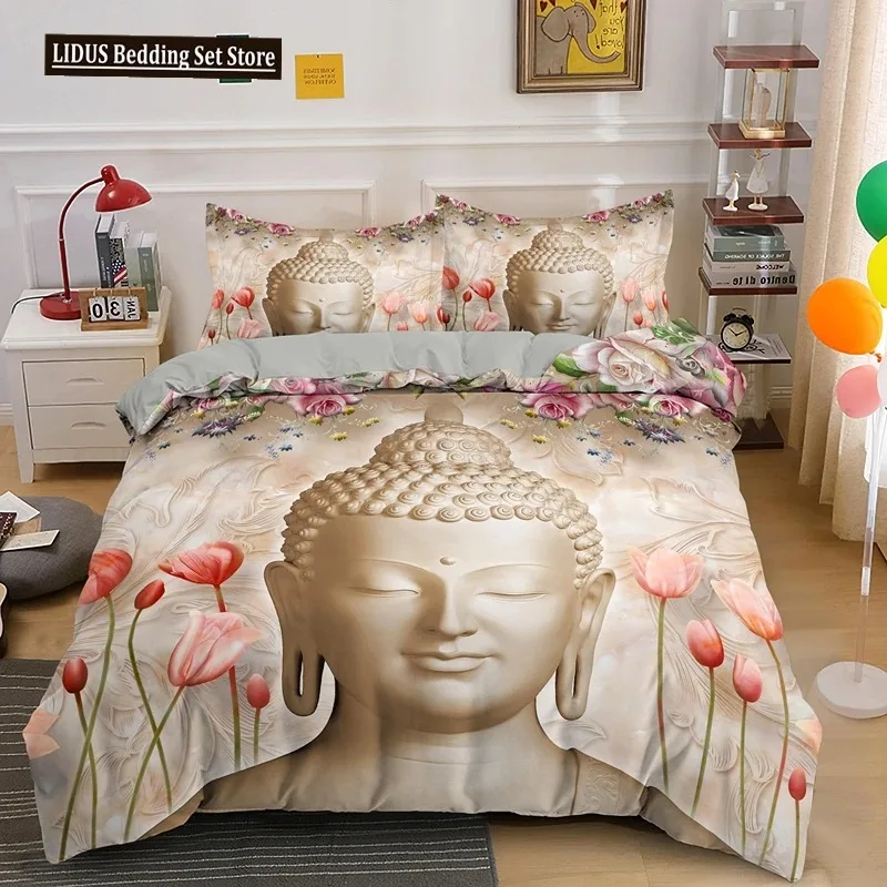 Buddha Bedding Set Indian Religion Buddhism Meditation Mandala Duvet Cover Smile Buddha Floral Soft Quilt Cover Queen King Size