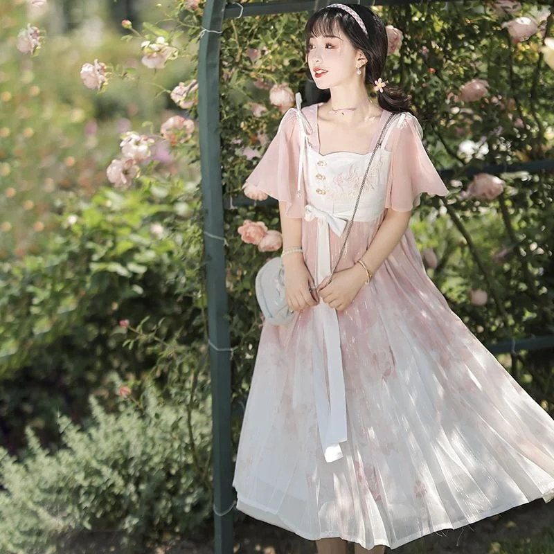 Chinese Element Fresh Op Short Sleeve Super Immortal Lolita Dress Set Summer Hanfu Fairy Daily Pink Clothes