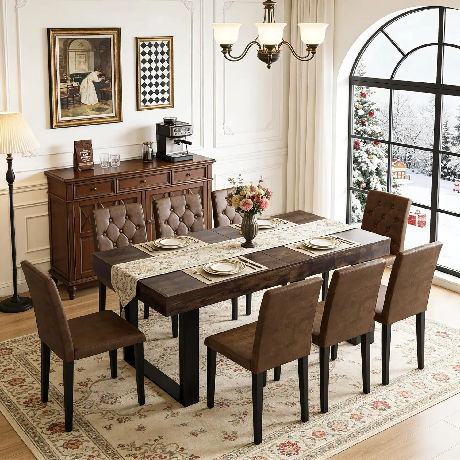 

63"-79" Expandable Dining Table Set for 8, Wood Rectangle Dining Table and 8 Chairs, Sturdy Metal, Customized