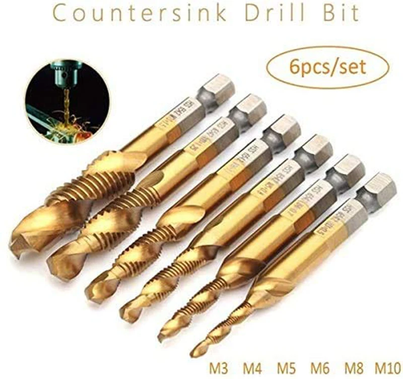 6PCS M3 M4 M5 M6 M8 M10 Thread Metric Tap Drill Bits Set HSS Hex Shank Screw Machine Titanium Plated Compound Tap Hand Tool Set