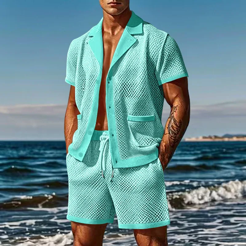 2-Piece Outfit for Men Summer Breathable Mesh Lapel Collar T-Shirt and Shorts Sets Cool Sexy Hollow Fabric Design Beach Clothing