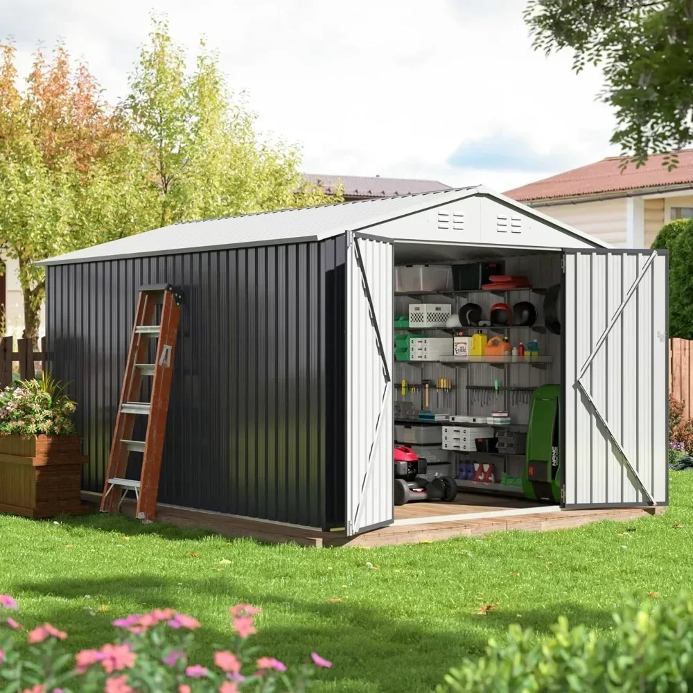 

8x12 FT Outdoor Storage Shed, Garden Shed with Updated Frame Structure and Lockable Doors, Metal Tool Sheds for Backyard