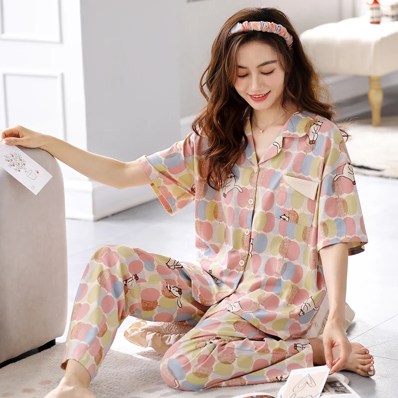 

Women Pajamas Set 100% Cotton Sleepwear Short Sleeve Pyjamas Cute Top and Long Pants Pijama Sleepwear