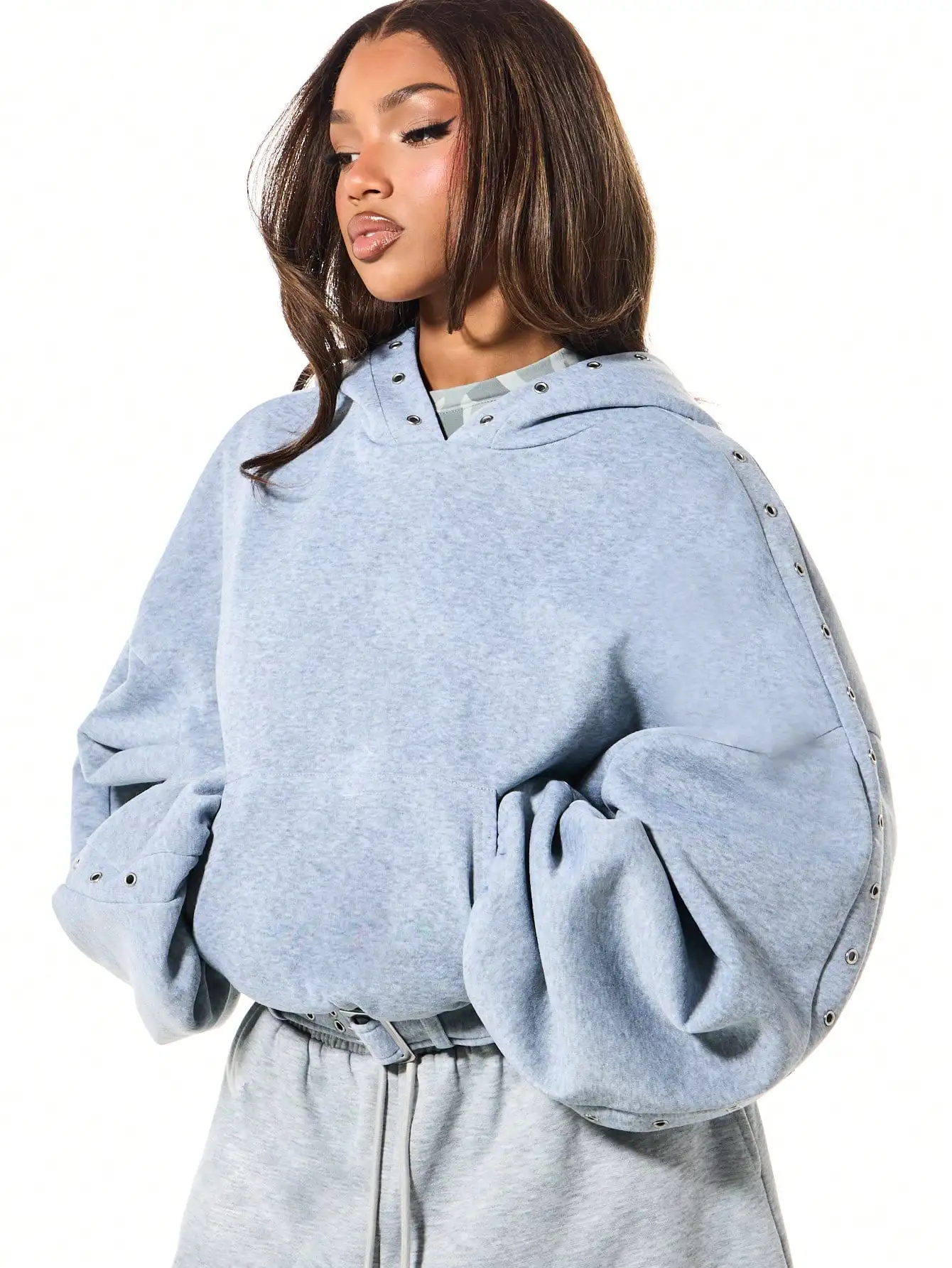 

Oversized Box Cut Hoodie with Metal Eyelets, Light Blue Pullover Sweatshirt