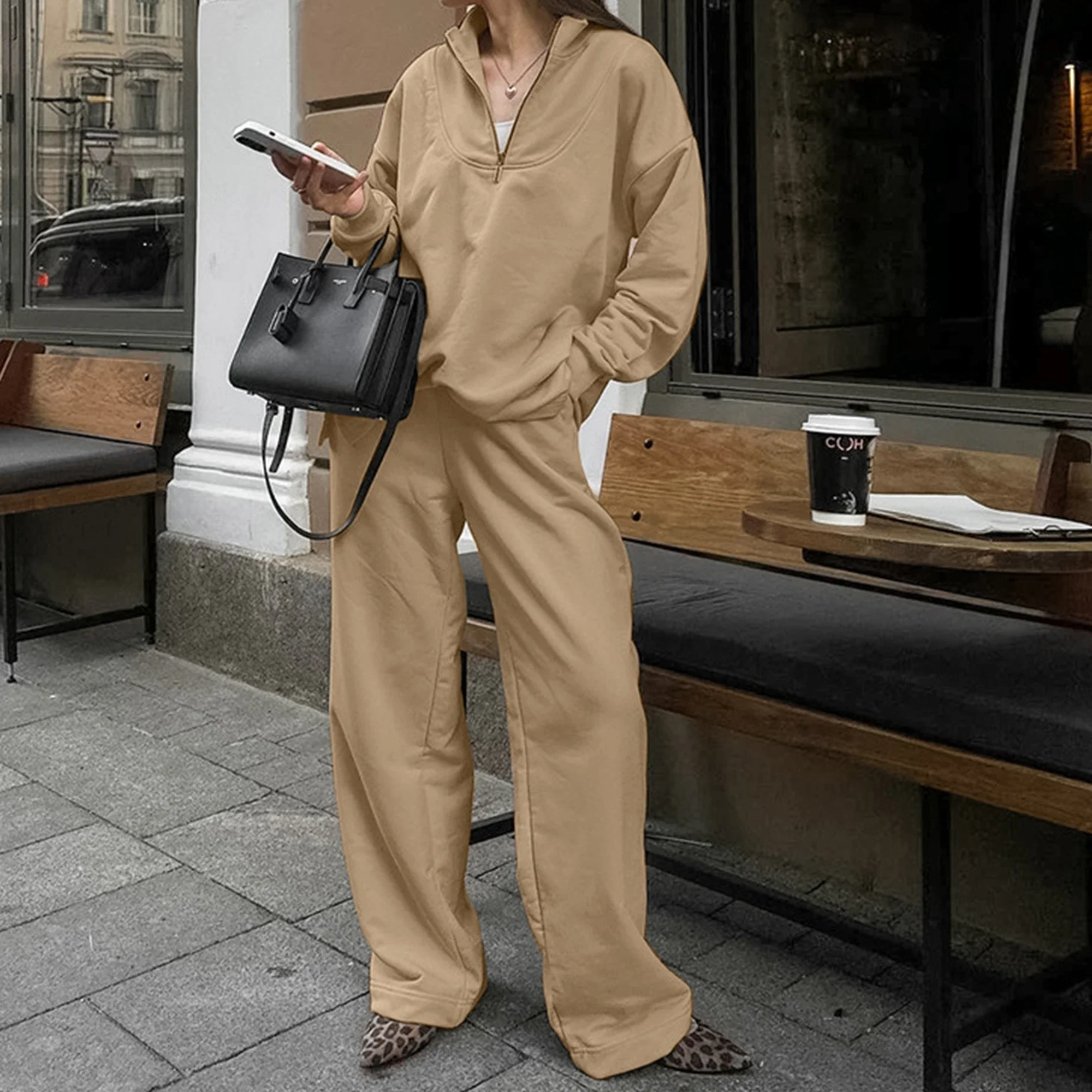 

2025 Новый женский комплект брюк с воротником на молнии, толстовки с длинными рукавами, топы, повседневные свободные женские брючные костюмы, модные осенне-зимние комплекты брюк