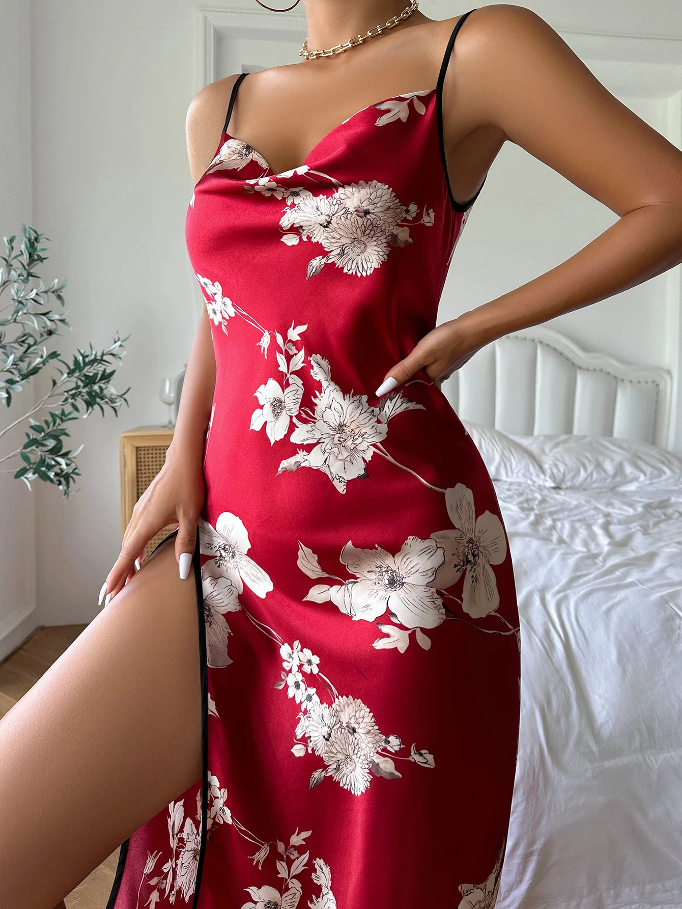 leopard/floral print split nightdress sexy V neck backless sleep dress spaghetti strap sleepwear women ice silk nightgowns