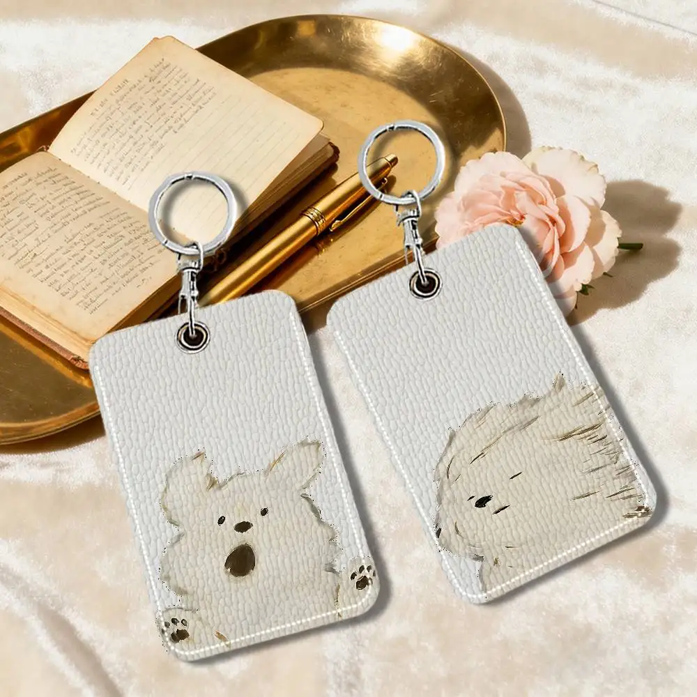 Cute Oil Painting Dog Leather Card Holder Keychain Key Ring Access Tags ID Card Case Keychain Card