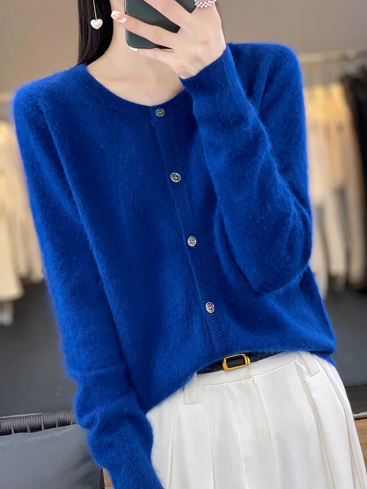 Elegant Women 100% Mink Cashmere Cardigan O-Neck Sweater Autumn Winer Female Clothing Solid Color Knitwear Clothing Coat Tops