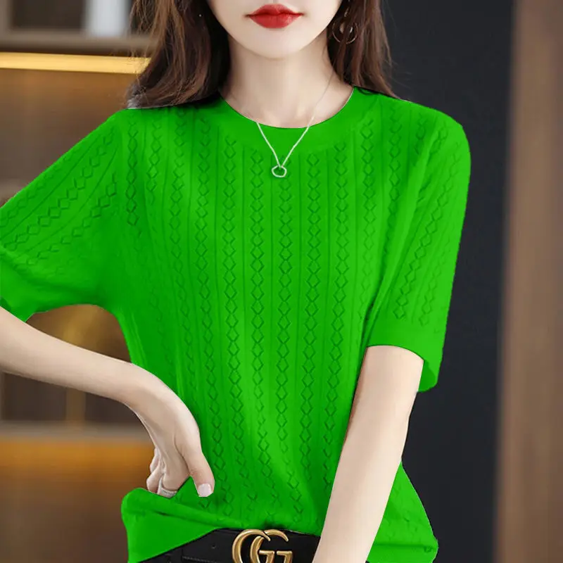 Fashion O-Neck Knitted Solid Color All-match Blouse Women\'s Clothing 2023 Summer New Oversized Casual Pullovers Korean Shirt