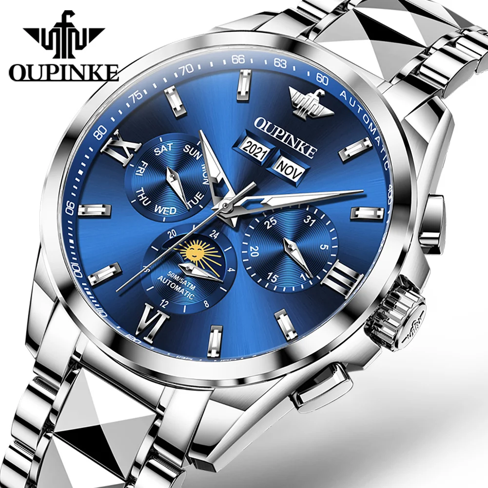 

OUPINKE Mechanical Multi-Functional Male Wristwatch Stainless Steel Strap Calendar Moon Phase Men's Watches Business Wristwatch