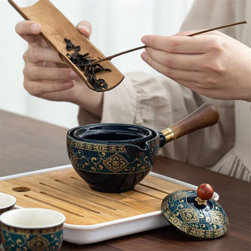 Chinese Gongfu Porcelain Tea Set with 360° Rotation Tea Maker and Infuser Portable travel Tea Cup Teapot Set All in One Gift Bag