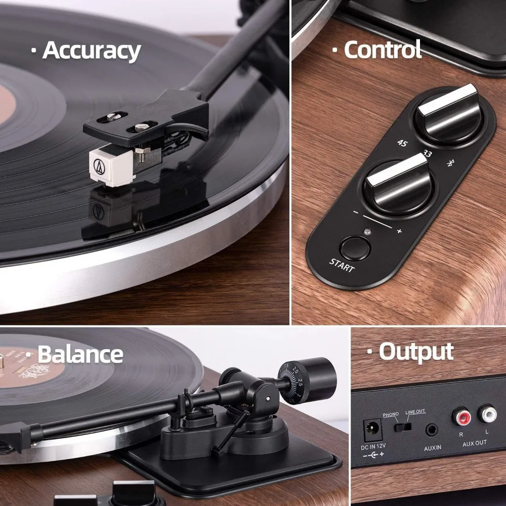 High Fidelity Belt Drive Turntable with Built-in Speakers, Vinyl Record Player with Magnetic Cartridge, Bluetooth Playback