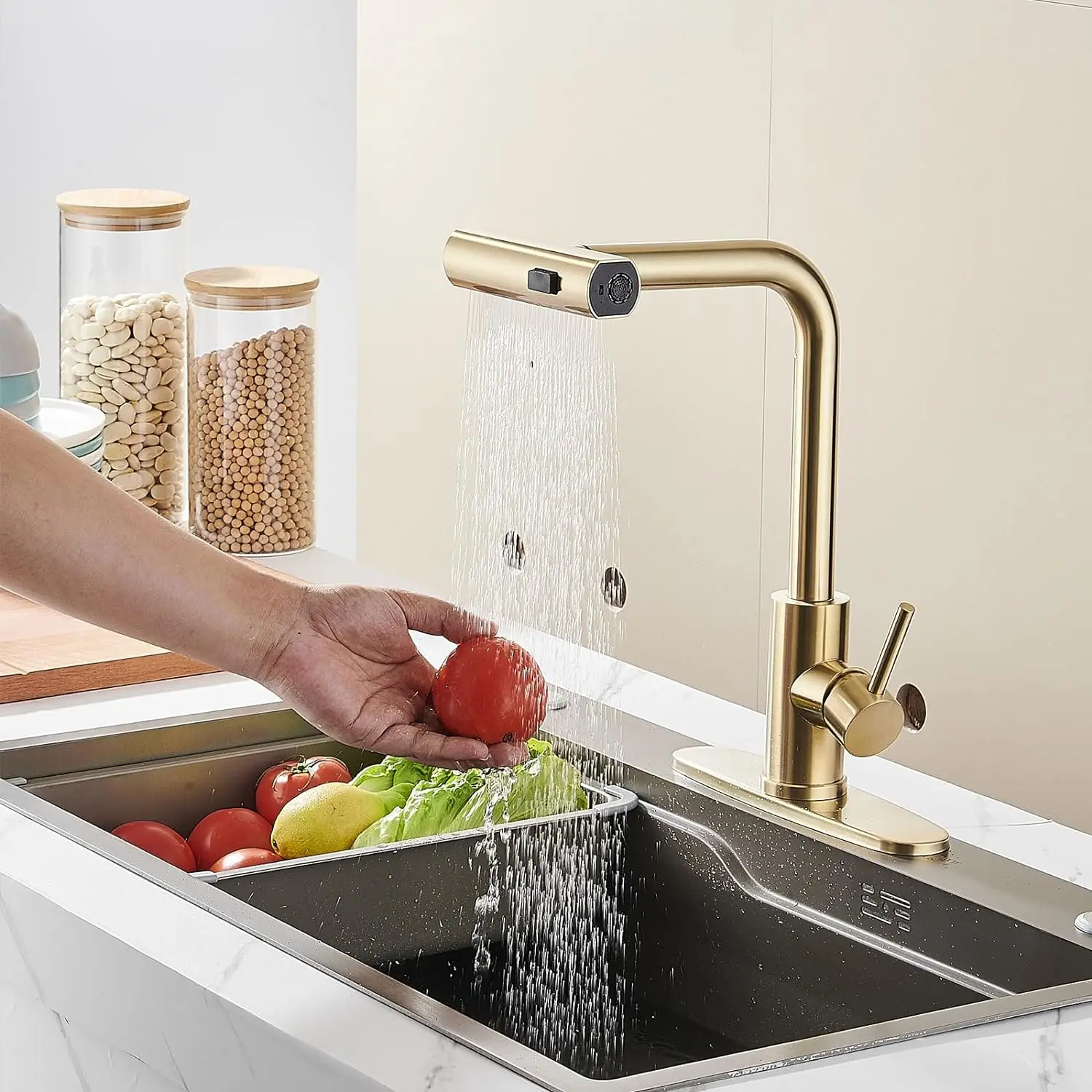 Touch Waterfall Kitchen Faucet Brushed Gold Hot Cold Pull Out Kitchen Sink Mixer Tap 3 Ways Smart Waterfall Touch on Kitchen Tap