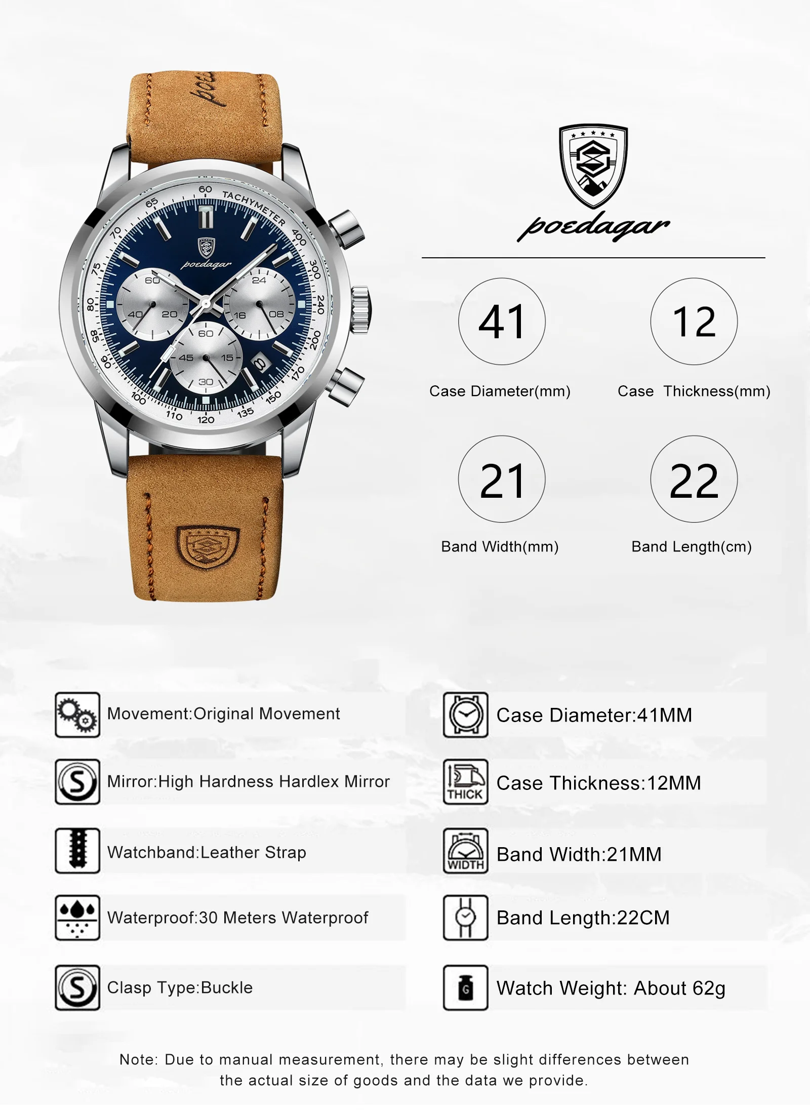 POEDAGAR Modische Herrenuhr Wasserdicht Leuchtend Leder Casual Herren-Armbanduhr Chronograph Hochwertige Herren-Quarzuhren Reloj – Detail 8