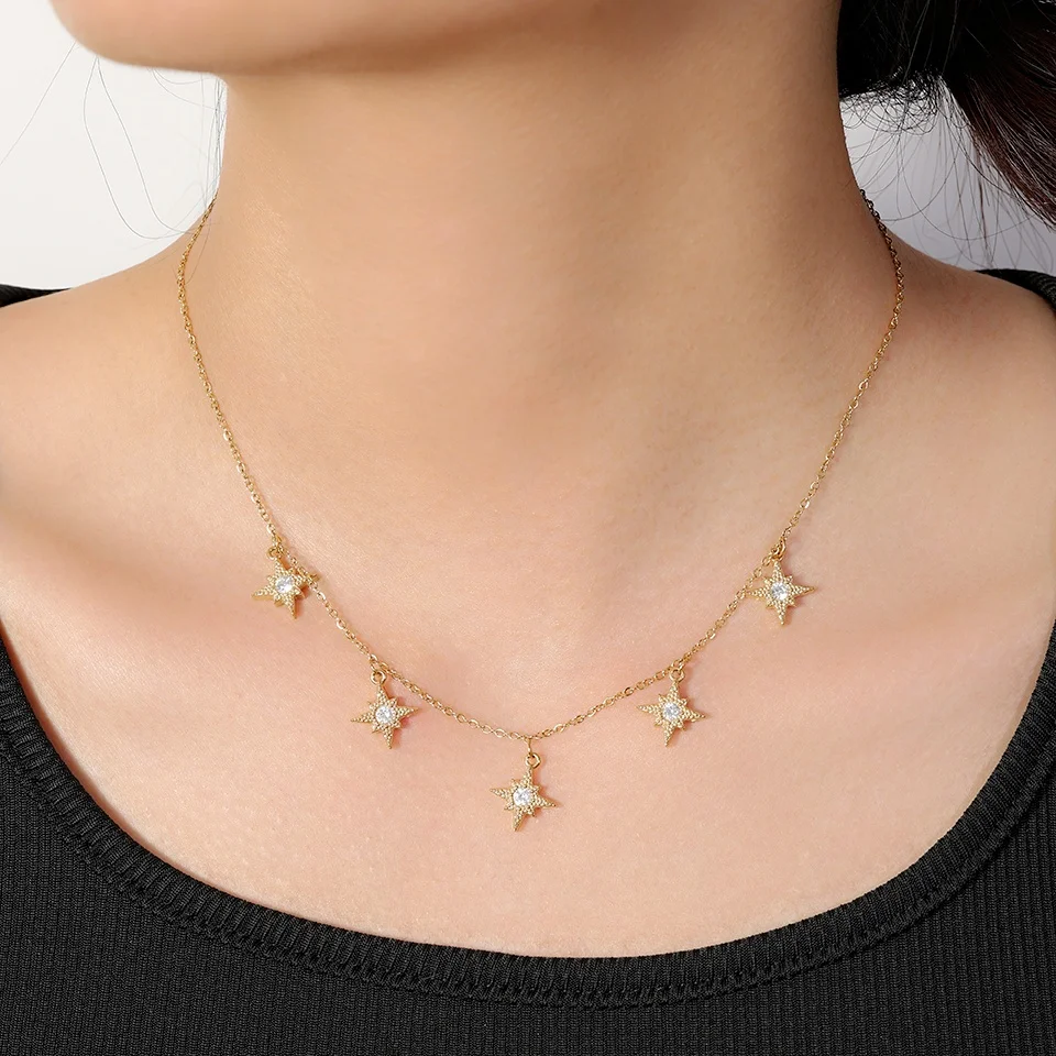 Fashion Five Eight-pointed Star Cubic Zirconia Stainless Steel Necklaces For Women Gold Color Necklace Party Daily Jewelry