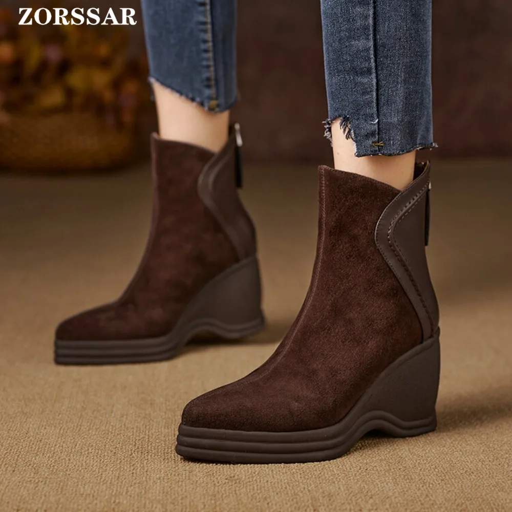 Brand New Design Women's Ankle  Boots Platform Wedges High Heels Suede Shoes Autumn Ladies Fashion Pointed Toe Wedge Shoes