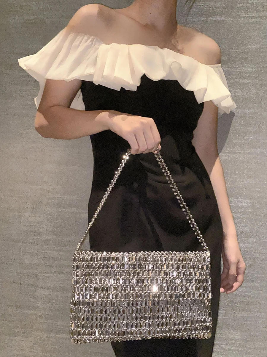 

UGALS Retro Shiny Metal Handwoven Pearl Clutch Large Capacity Tote Party Underarm Handbag British Style Single Shoulder Bag