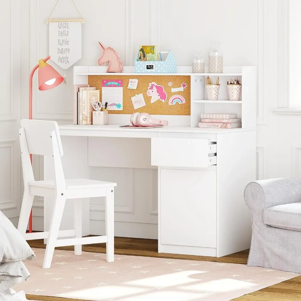 Computer Desk With Chair, Hutch, Storage Cabinet For 5-12 Years Old, Wooden Children Study Table