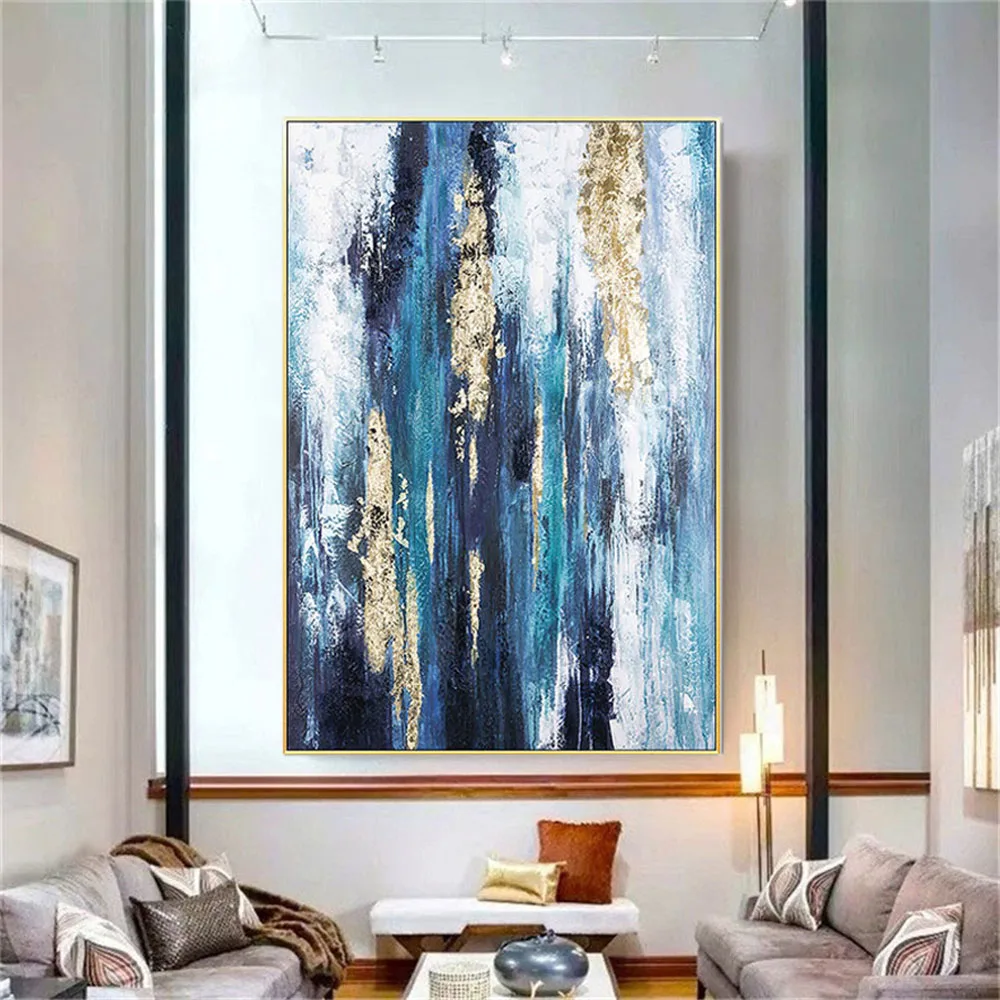 100% Handmade Abstract Oil Paintings Modern Palette Knife Canvas Pictures Blue And Gold Wall Art Drawing For Home Room Decor