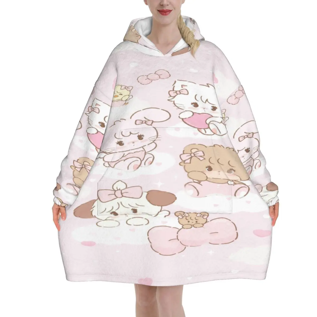 Pink Cartoon Mikko Mousse Blanket Hoodie Oversized Wearable Sweatshirt Blanket Warm Gifts for Women Girls Girlfriend