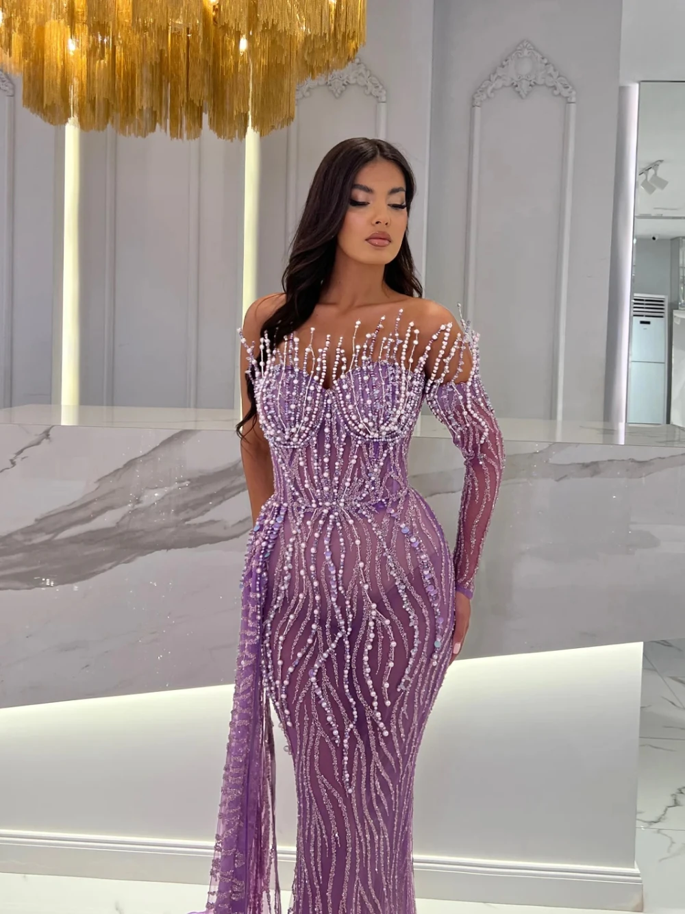 Purple Mermaid Long Sexy Illusion One Shoulder Evening Dress Glitter Beads Pearls Prom Gown Cocktail Dresses Robe De Mariée