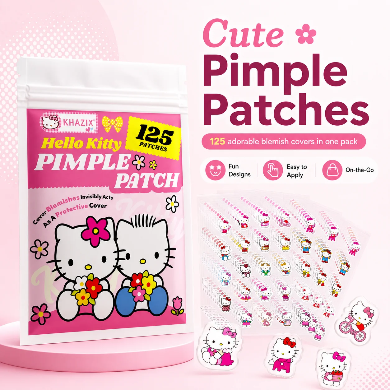 125 Patchs Anti-Acné Sanrio Hello Kitty, Patchs Hydrocolloïdes pour l'Acné, Patchs pour Imperfections et Boutons, Imperméables et Résistants à la Transpiration