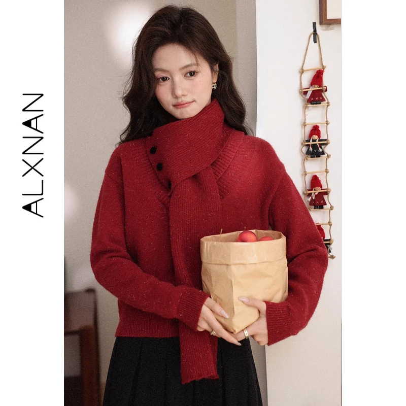 

ALXNAN Burgundy Asymmetric Button V-neck Sweater Soft Vintage Loose Fit Fall Winter Casual Women Fleck Knit Pullover L60006