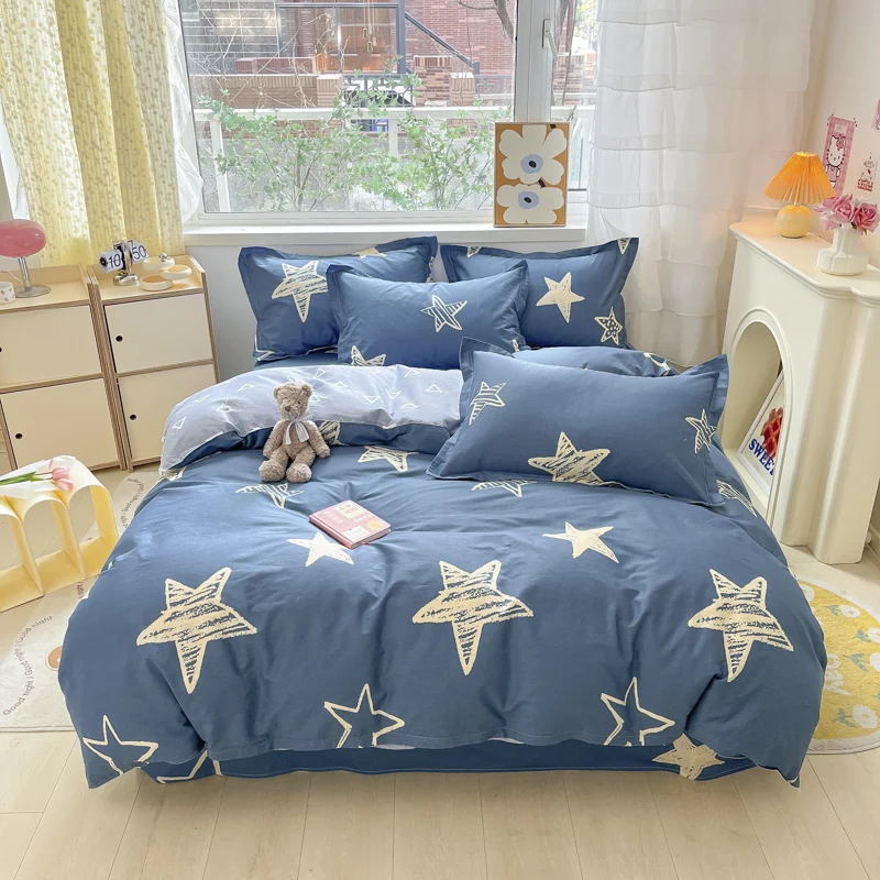 Star Pattern Duvet Cover Set 3Pcs 100% Cotton Zipper Quilt Cover with Pillowcases Soft Skin Friendly Bedding Set for Boys Girls