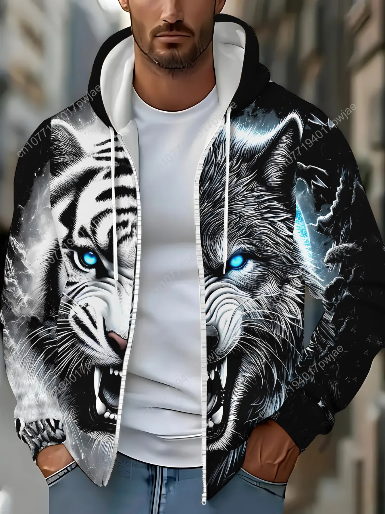 Gorra deportiva de manga larga con cremallera para hombre, sudadera con capucha con estampado de tigre para actividades al aire libre, tela de poliéster duradera, color blanco y negro