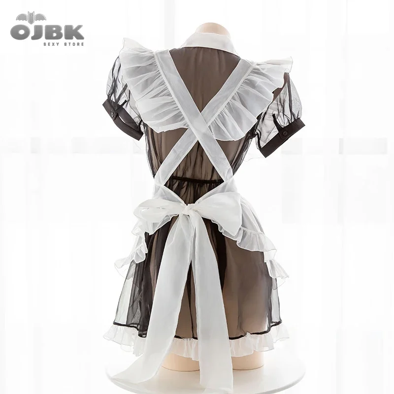 OJBK New Kawaii Sexy Transparent Cosplay Costumes Maid Sexy Lingerie for Women High quality Temptation Dress With Cute Bowknot