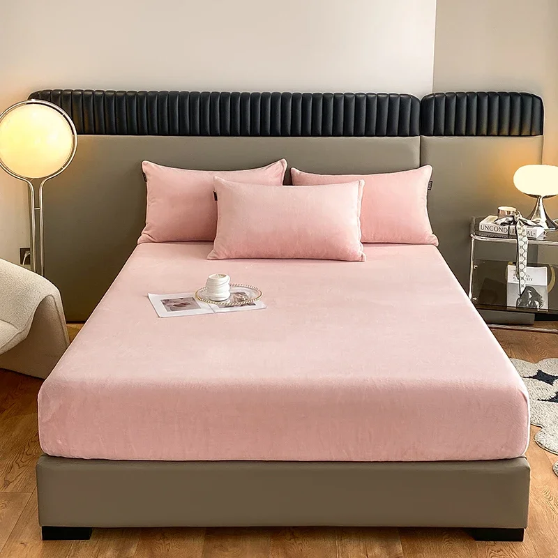 Warm and Thick Elastic Fitted Sheets Solid Color Adjustable Flannel Winter Mattress Cover Velvet Bed Linens 90/160/180/200 Size