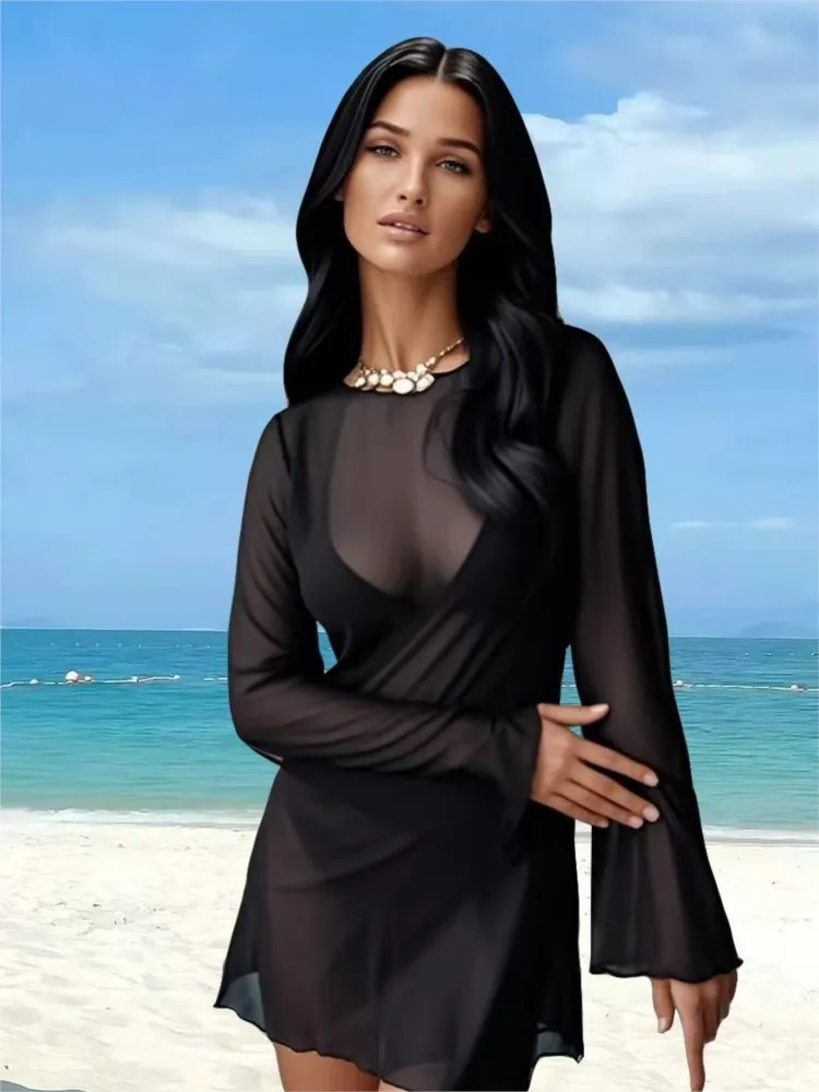 CPSYMYM レディース セクシー シアー メッシュ ビーチ カバーアップ ドレス 軽量 ビキニ ローブ ベルスリーブ付き 夏休み用ドレス 女性用