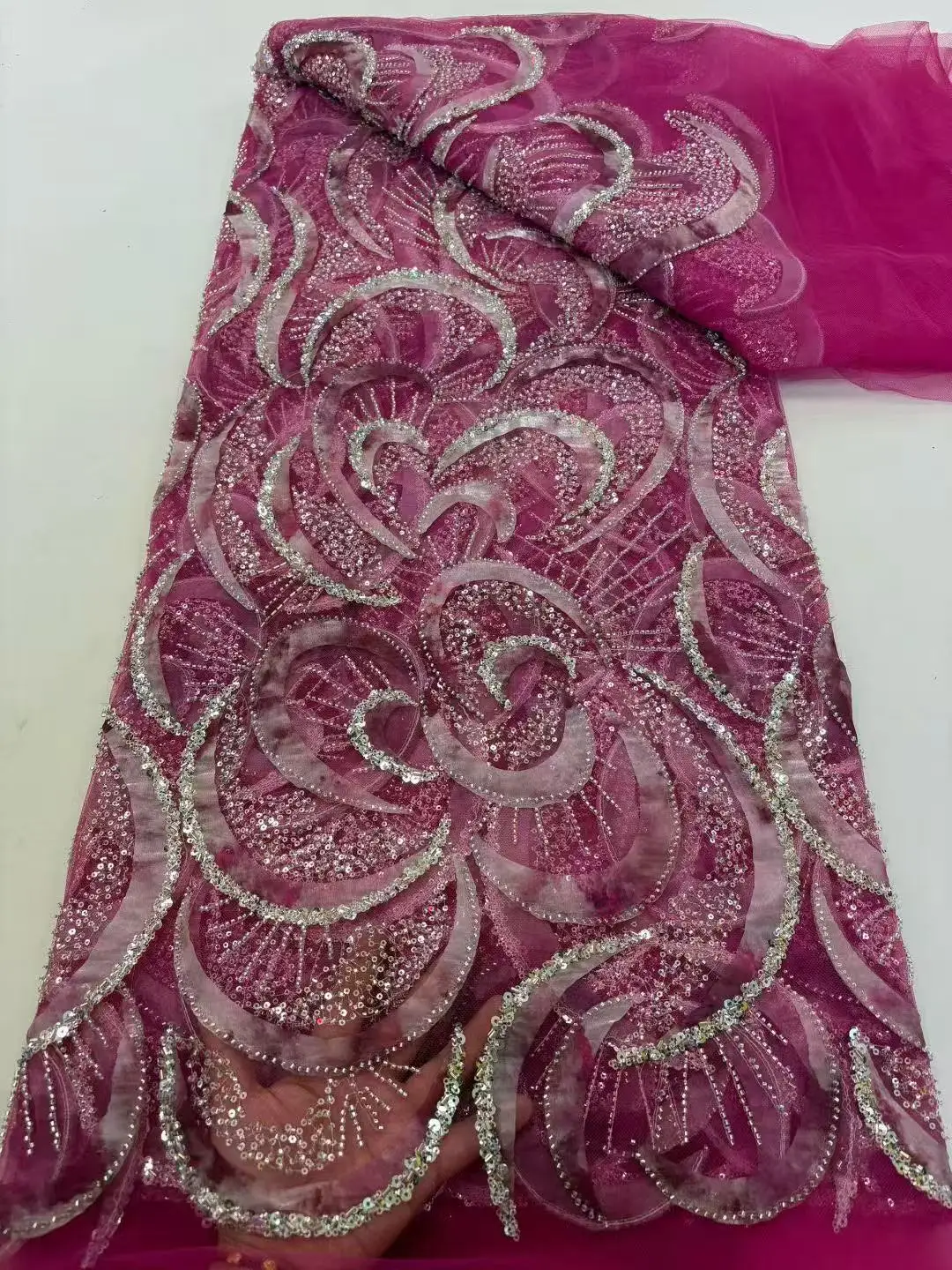 

5-ярдовая африканская кружевная ткань высокого качества, нигерийская вышитая сетчатая кружевная сетка с французскими блестками для одежды и модного шитья