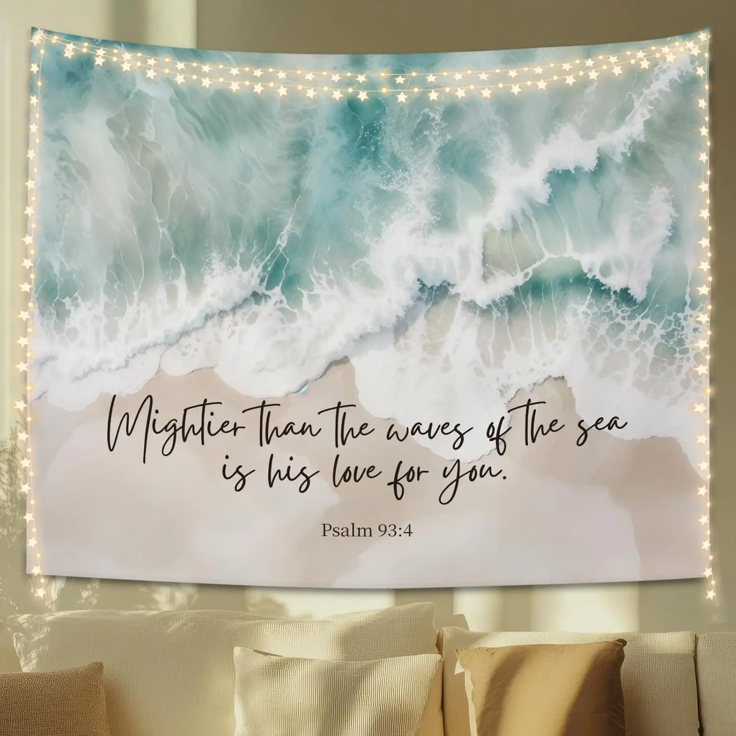 Christian Ocean Coastal Tapestry, Mightier Than the Waves of the Sea Bible Verse Tapestries, Religious Psalm 93:4 Wall Hanging