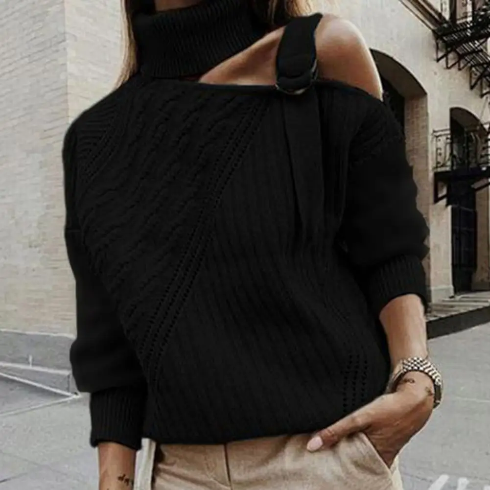 2022 New Adjustable Buckle Twist Decor Knitted Sweater Long Sleeve One Off Shoulder Turtleneck Pullover Sweater Female Clothing