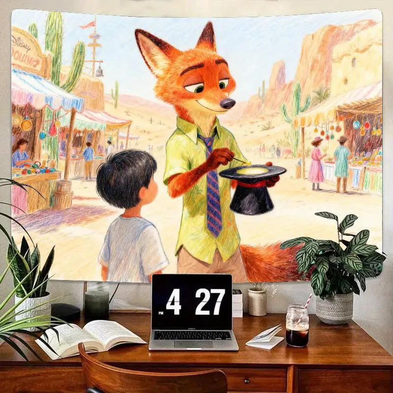 

1 шт. Zootopia Nick Wilde Fox Magic Show гобелен, мультяшное приключение в пустыне, настенное искусство, полиэстер, декор для детской комнаты, подарок