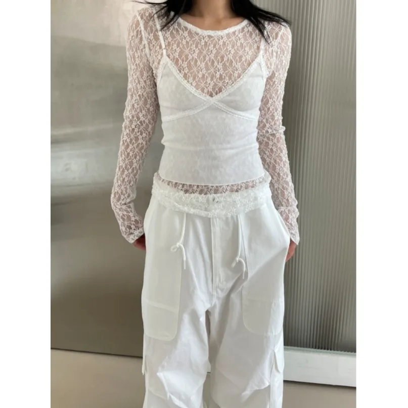 Chic Lace irt Women's ort Fit Long Sve Base Layer irt Hong Kong Sle High-End Sensation Top Korean Sle Inner Wear