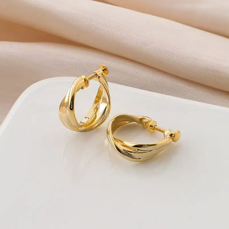 EH22 Daily Commute Hong Kong Style C Shape Hoop Earrings, Screw Clip On Earrings for Non Pierced Ears, Minimalist Cold Tone Meta