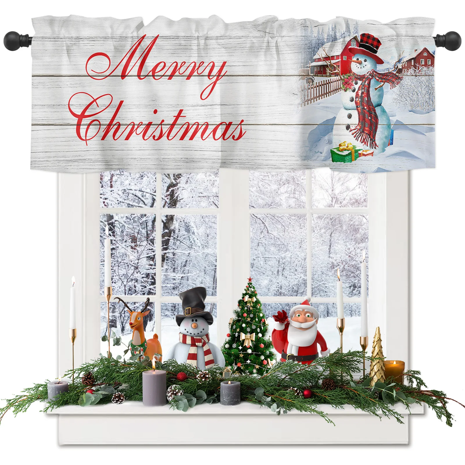 

Snowman Christmas Window Valance Winter Snow Scene Valances Kitchen Windows,Short Curtains Treatment for Bedroom Living Room