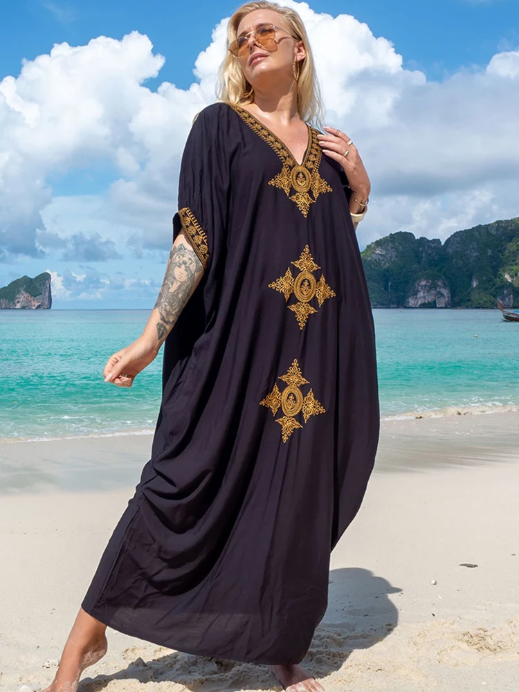 New Black Boho Dress Swimsuit Cover Up Rayon Gold Embroidery Elegant Maxi Dress 2024 Sarong Robe Plage Kaftan Beachwear Pareo