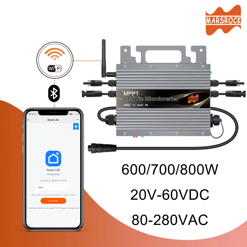 IP67 600W 700W 800W MPPT Grid Tie Micro Inverter With Built-in WiFi function for 20-60VDC PV and 80-260VAC ,With Free EU Plug