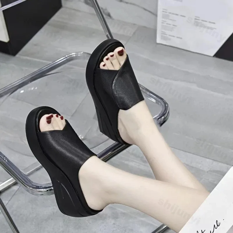 2023 New Women Sandals Women Slippers Black Wedge Platform Open Toe Women Orthopedics Thick Bottom Beach High Heels Slides image 5