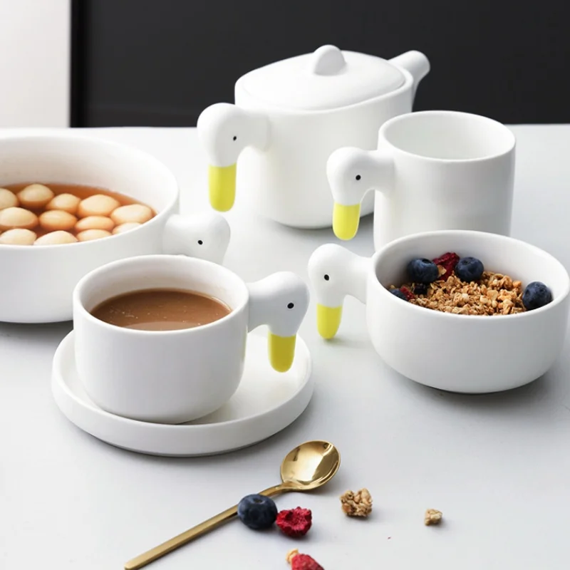 

Creative Duck Ceramic Mug Cute Cartoon Coffee Cup Kettle Fruit Salad Bowl Household Dessert Bowl Afternoon Tea Drinkware Sets