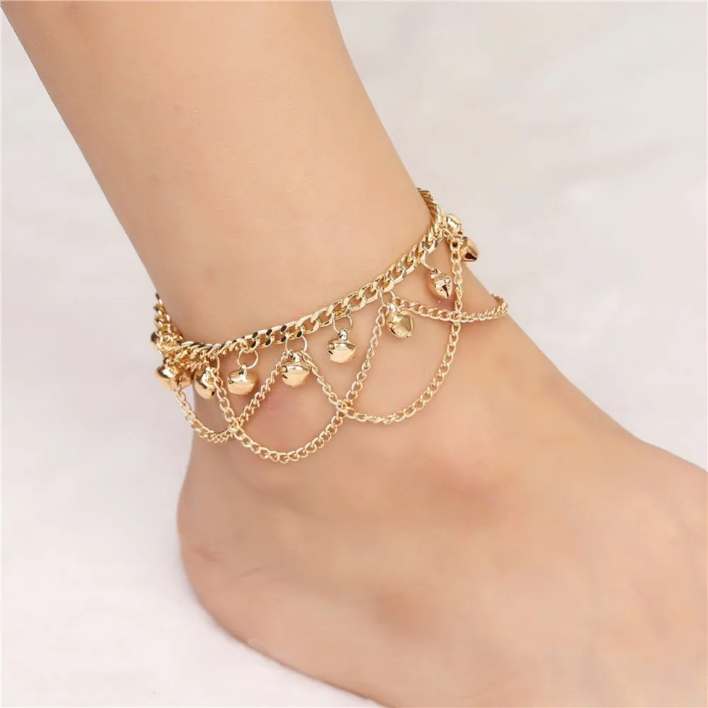 Lady High Heel Punk Style Personalized Chain Anklet Bohemian Wave Fringe Gold Plated Bell Anklet Adjustable Luxury