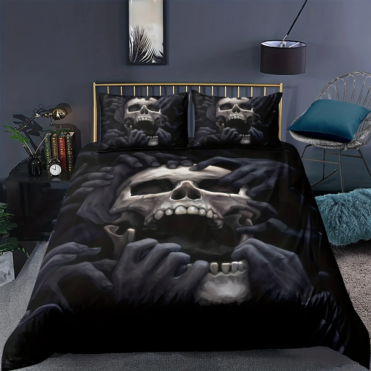 2/3pcs 3D Skull Printed Duvet Cover Set (1 Duvet Cover + 1/2 Pillowcase), Soft Cozy Anime Bedding Set For Bedroom & Guest Room