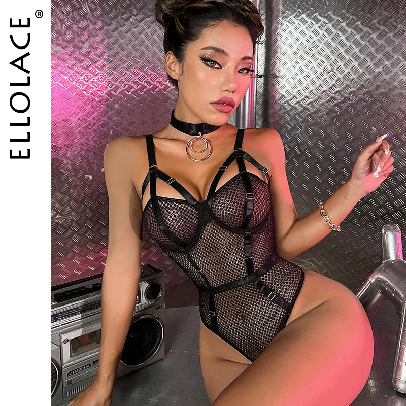 Ellolace-body Sexy para mujer, ropa interior de encaje transparente, lencería erótica porno con entrepierna abierta, malla de peluche, Club nocturno