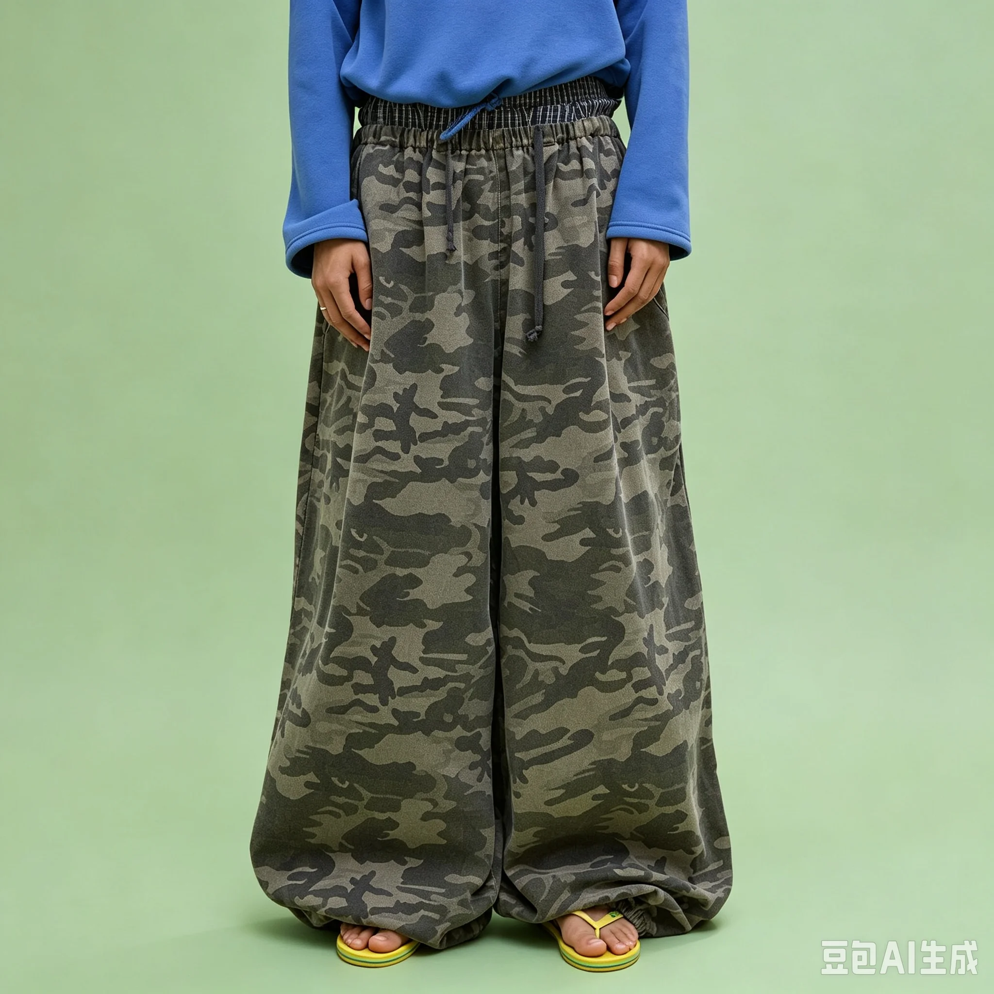 100% Cotton Camouflage Cargo Pants for Women, Elastic High Waist Drawstring Loose Baggy Wide Leg Pants, Multi Pocket Jogger Trou